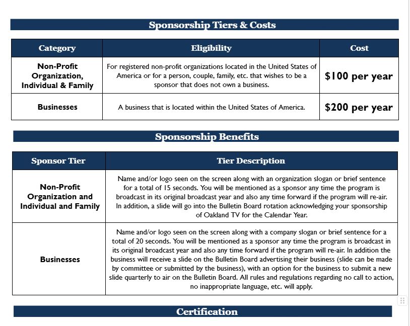 OCC Sponsorship Updated Tiers