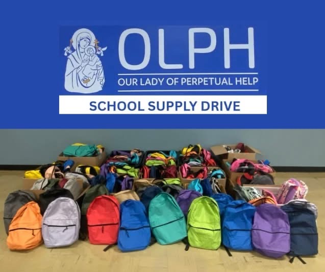 Dozens of backpacks in different colors are boxed for donation under a banner that reads OLPH — Our Lady of Perpetual Help — School Supply Drive"
