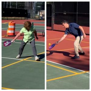 The Mayor &amp; Rec Chair Guadagnino play the first game on the pickleball courts