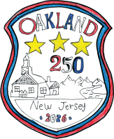 Oakland America 250 Logo - shape of shilef with drawing of Ponds Church, stars, and mountains