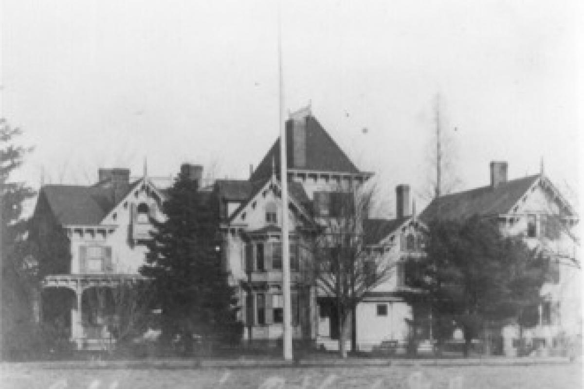 This grand Victorian building is / was the rambling Calderwood Hotel.  The core building was built by Mr. Bush in the early 1800s as part of his 150 acre farm. Purchased by the Calder family in the 1870s, it was greatly modified and expanded to become the Calderwood Hotel after the death of Mr. Calder in 1883.  In 1935 it was purchased by Captain John Scarca for use as the Oakland Military Academy until August 21, 1962 when it was razed to make room for a parking lot in what is now the Copper Tree Mall.