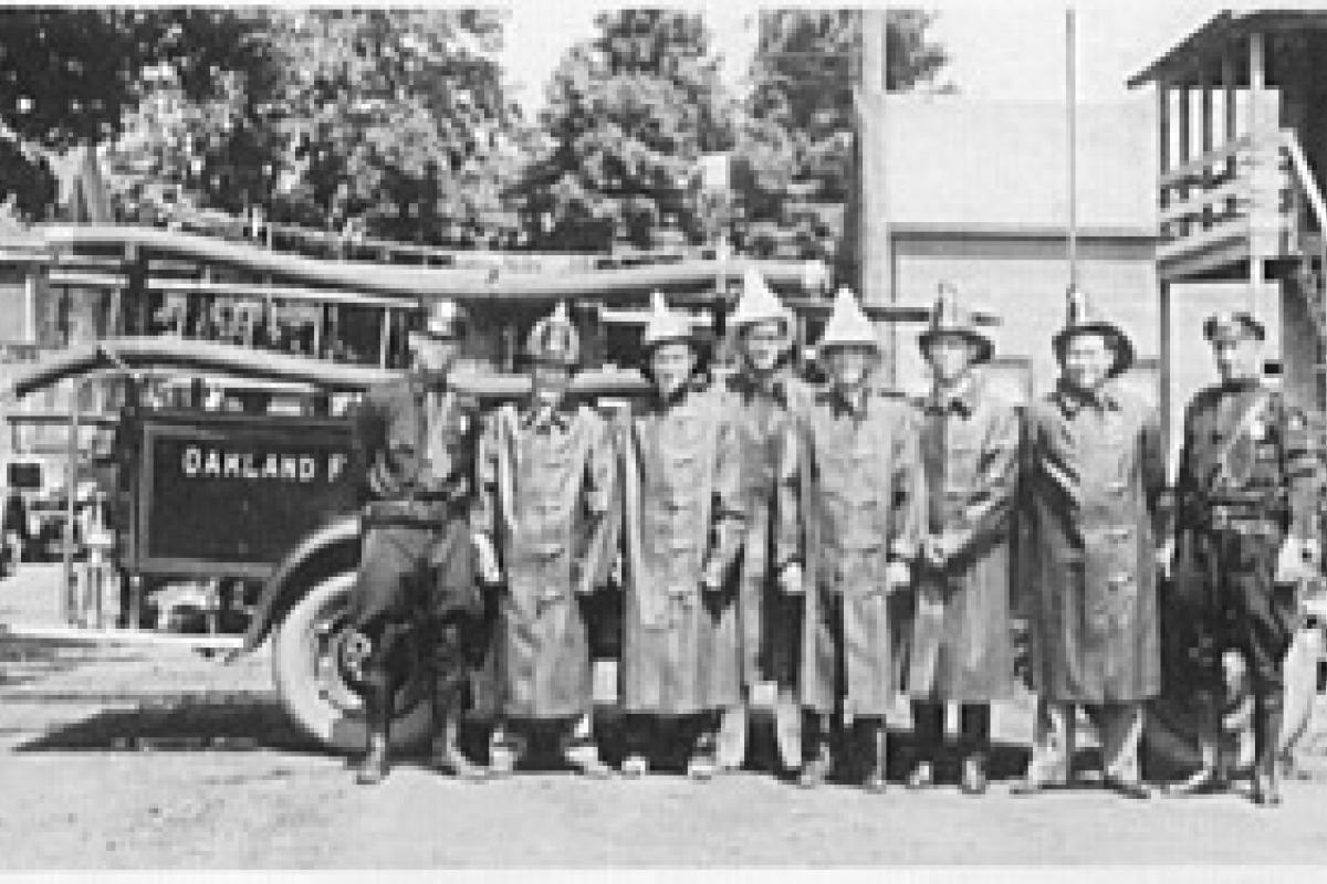 In 1935 Oakland was still a tiny community requiring only two policemen and six firefighters as pictured above. Here standing on the corner of Yawpo and Vine Street (now Raritan Avenue) are (l to r) policeman Harry Melville, firemen Al Potash, Harold Munn, John Melville, Fire Chief Jim Munn, Elmer Carlough, Ben Otto and policeman Harry Farrel.