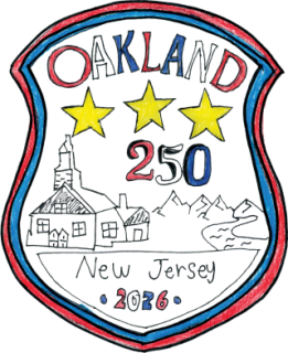Oakland America 250 Logo - Shape of a Shield with three yellow stars and pen drawing of ponds church and mountains in background