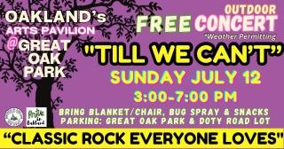Purple flyer with yellow accents for free outdoor concert in the park "Till We Can't" Classic Rock group