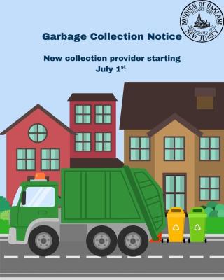 Garbage truck and recycling cans in front of houses on a street with blue sky in background. 