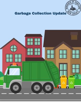 Garbage truck on residential street with garbage cans