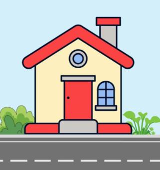 House on street with bushes, blue sky, and red roof.