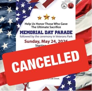 Red white and blue flyer with Cancelled written in red bar across center
