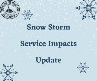 Snow Storm Service Impacts Update blue background with snowflakes.