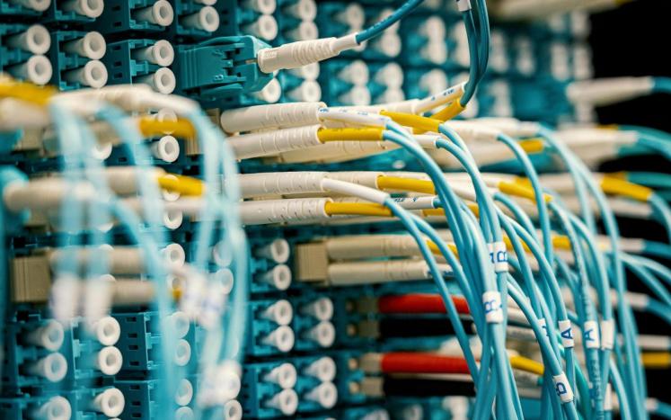 A panel of receptacles into which many blue network cables are connected