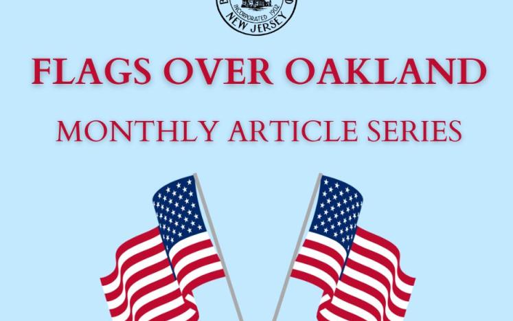 Crossed Flags with Blue Background and Text "Flags over Oakland Monthly Series"