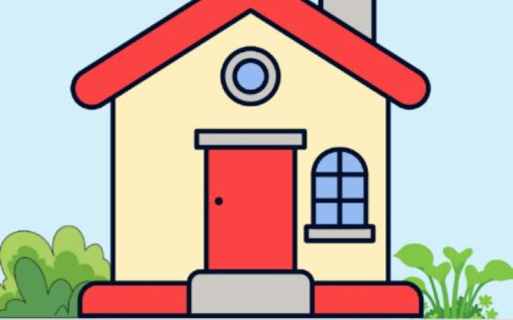 House on street with bushes, blue sky, and red roof.