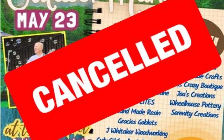 May 23rd market flyer covered with large red sign that says cancelled.