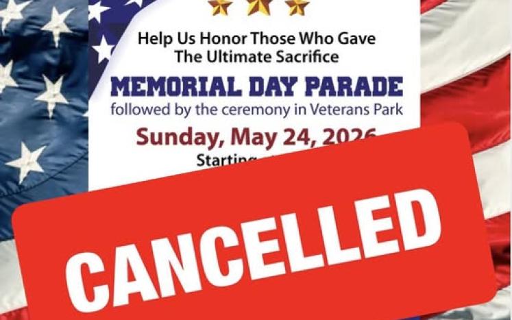 Red white and blue flyer with Cancelled written in red bar across center